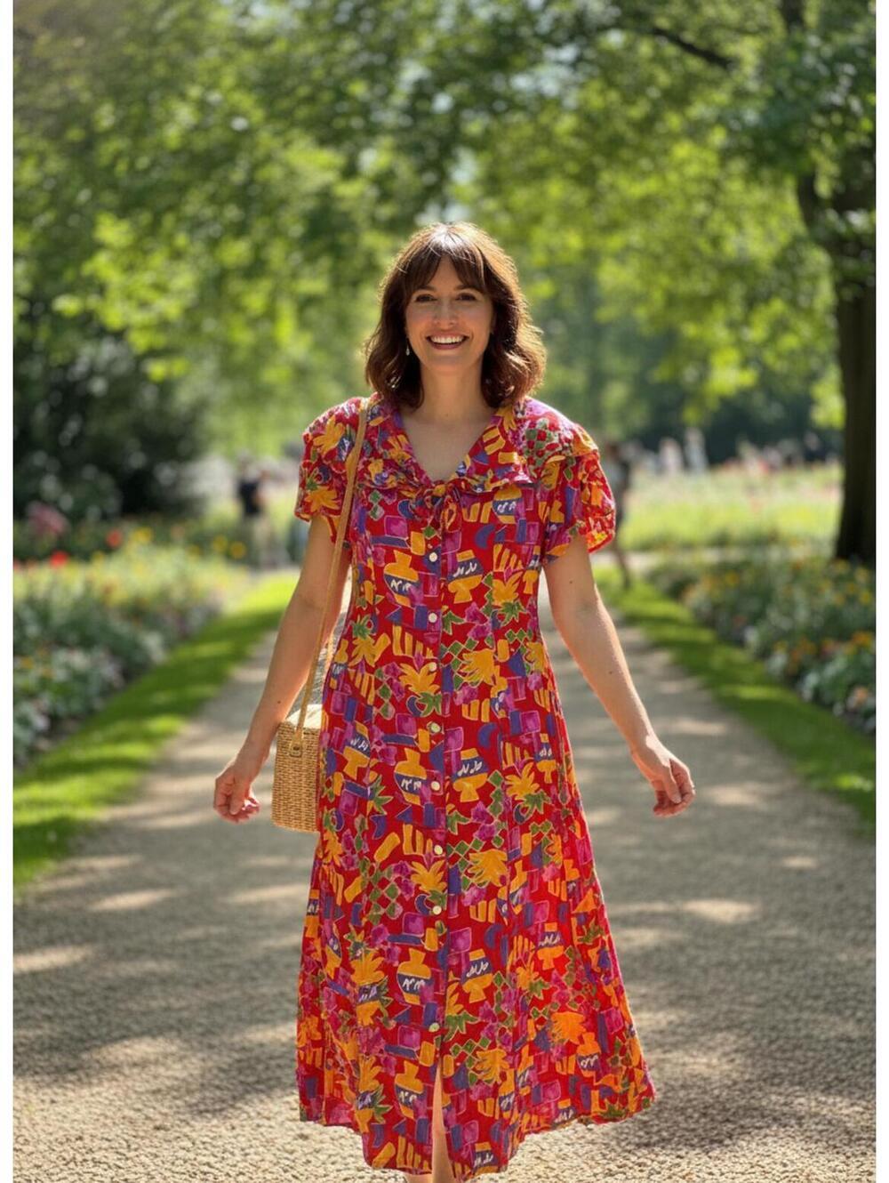 Vintage Lanz Originals Colorful Floral Button-Front Midi Dress Sz. 16